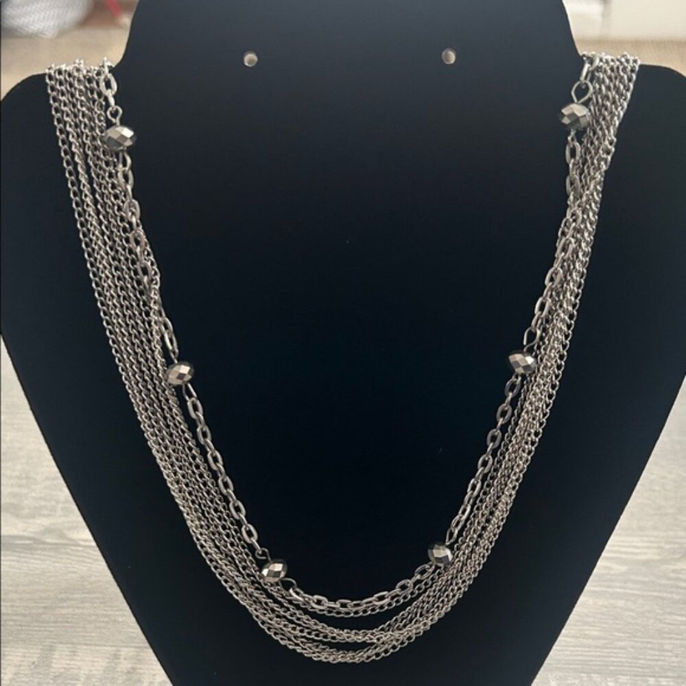 Silvertone Multi-Chain Necklace with Beads 32"